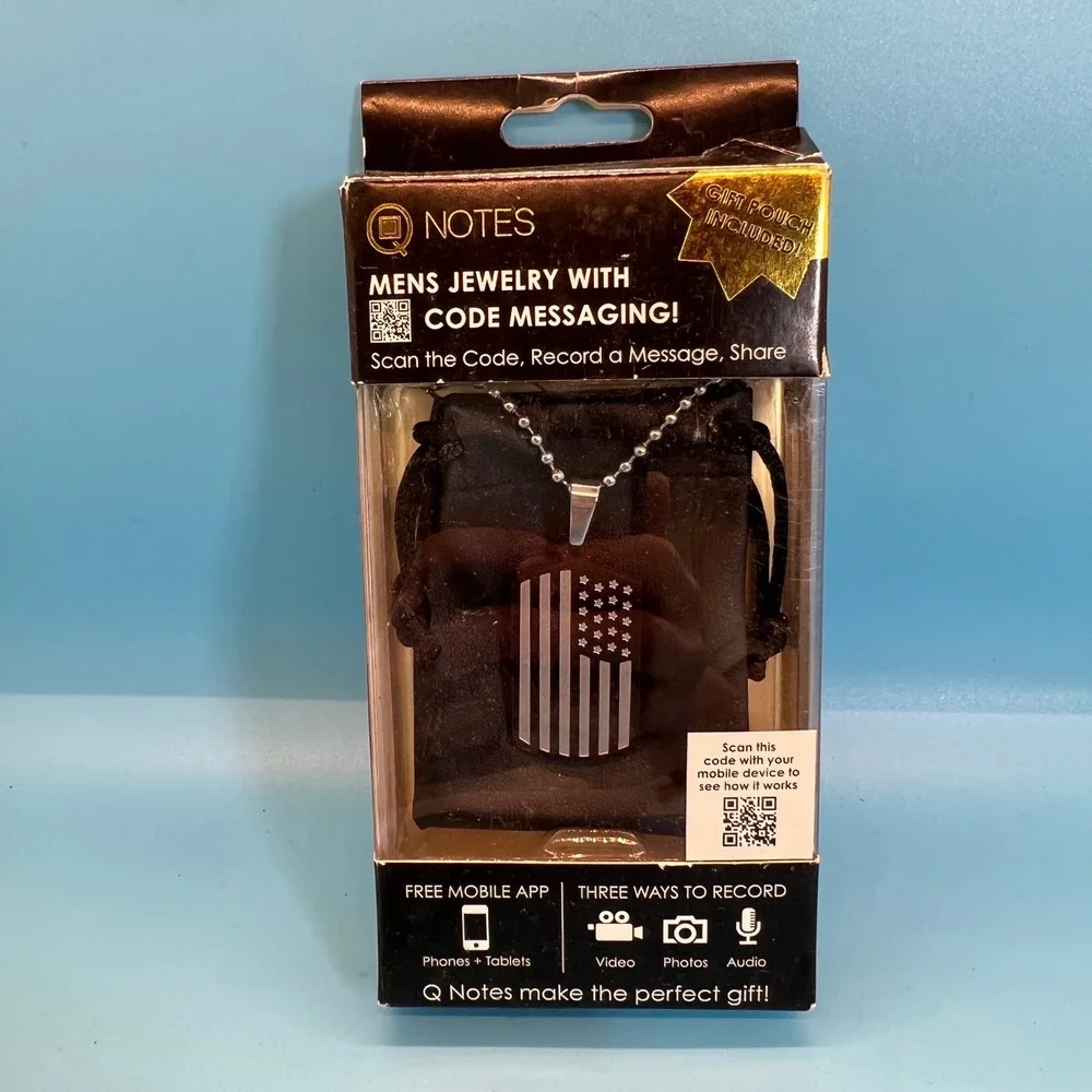 NWT‎ Q Notes Dog Tag Necklace Mens One Size Silver American Flag QR Code Message